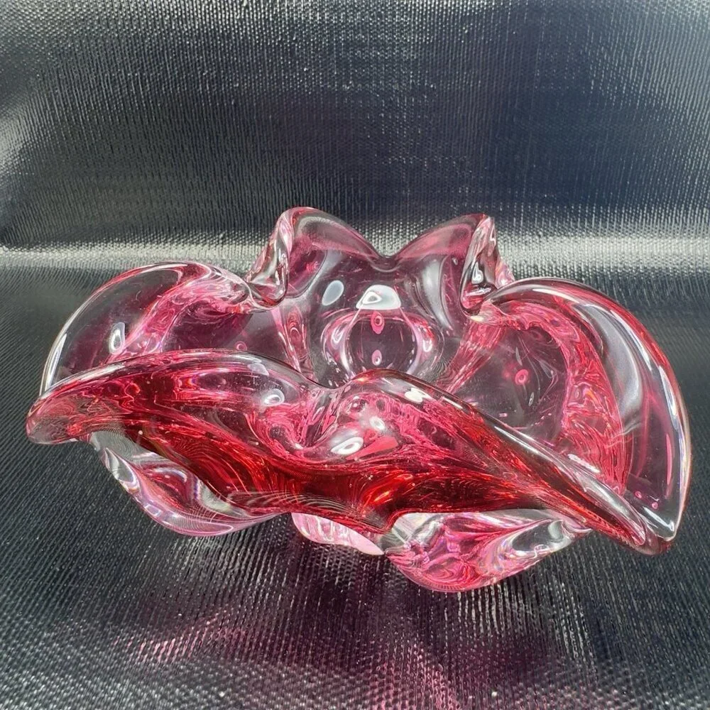 Hand Blown Bohemian Cranberry Art‎ Glass Dish Bowl Folded Edges Original Sticker